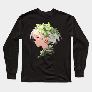 Cartoon Style Portrait - Young Woman with leafy hair Long Sleeve T-Shirt